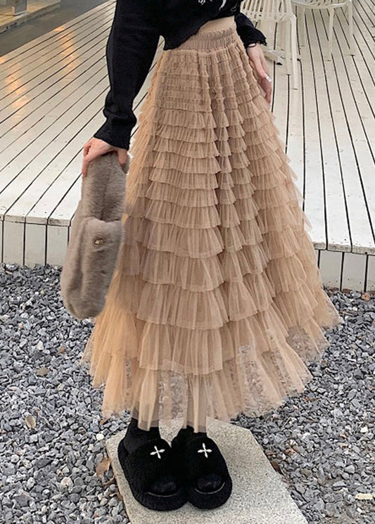 Slim Fit Khaki Elastische Taille Tüll A-Linie Röcke Frühling