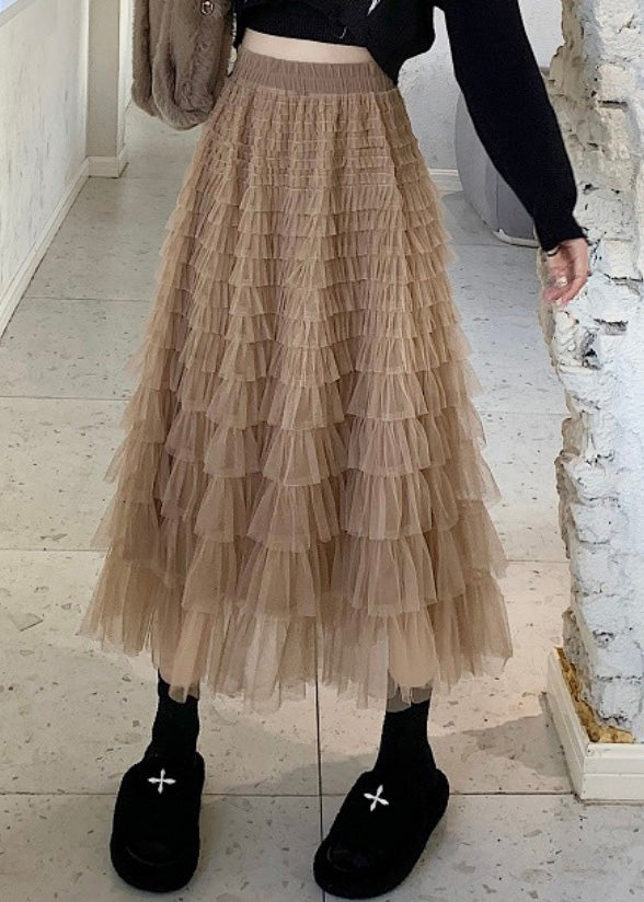 Slim Fit Khaki Elastische Taille Tüll A-Linie Röcke Frühling