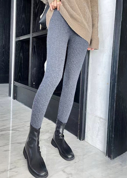 Slim Fit Khaki Striped Elastic Waist Solid Woolen Crop Pants