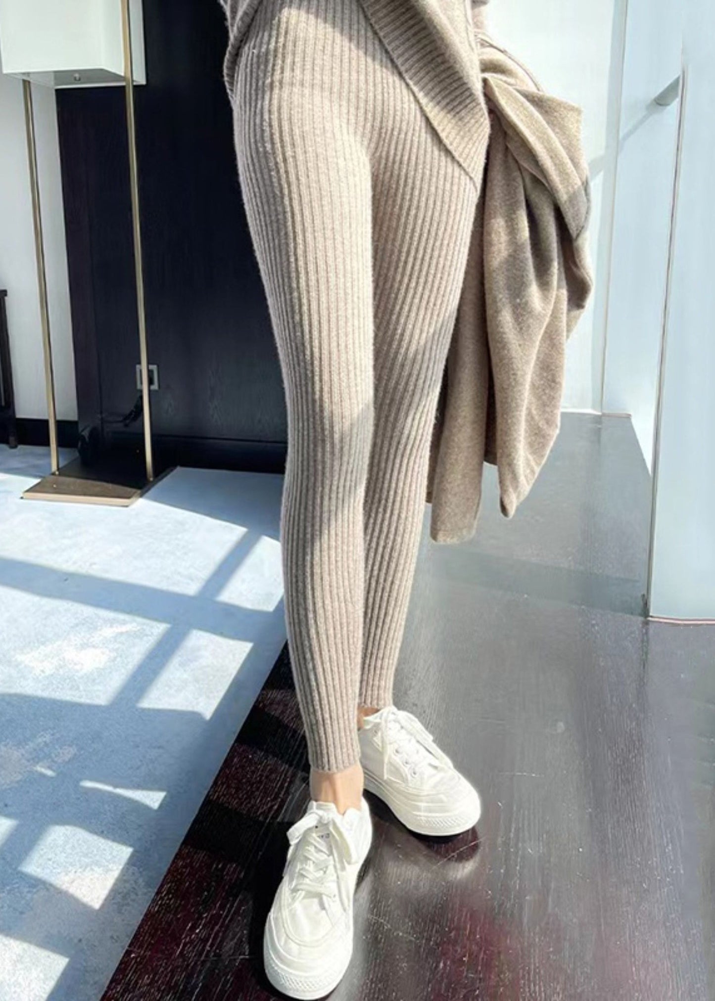 Slim Fit Khaki Striped Elastic Waist Solid Woolen Crop Pants