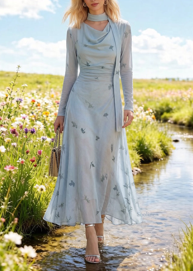 Slim Fit Light Blue Bow Print Cinched Tulle Long Dress Spring