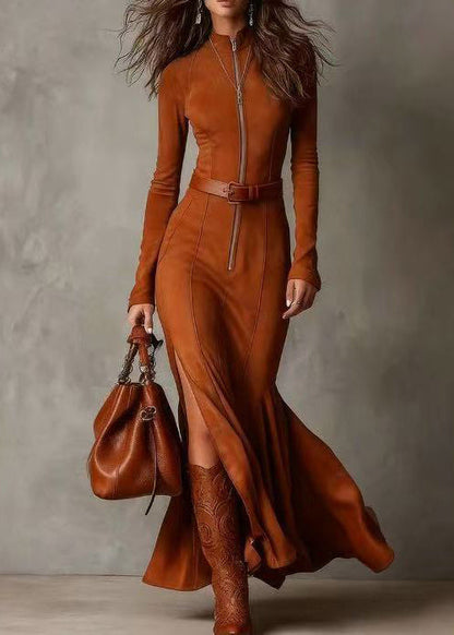Slim Fit Light Camel Zip Up Side Open Faux Suede Dresses Spring
