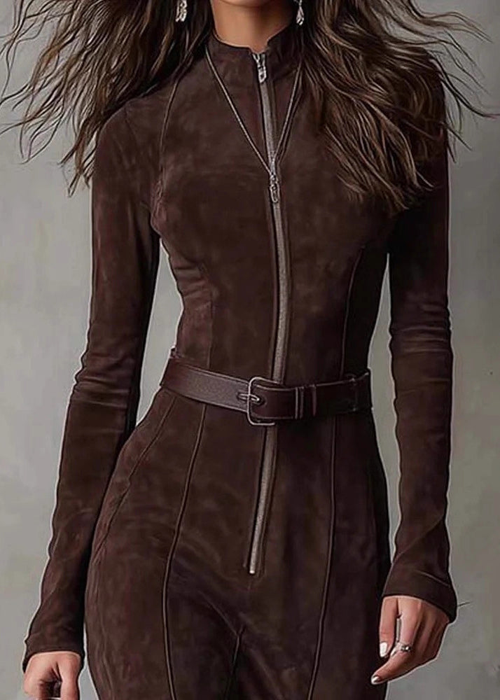 Slim Fit Light Camel Zip Up Side Open Faux Suede Dresses Spring