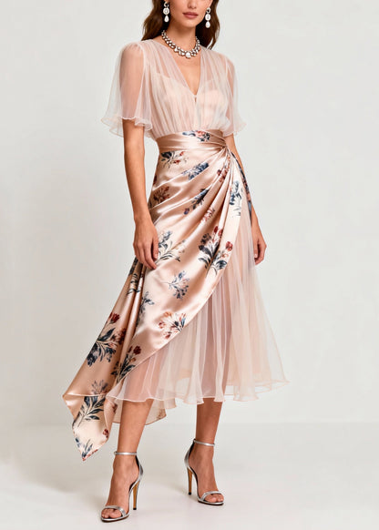 Slim Fit Light Pink V Neck Print Tulle Patchwork Dresses Summer