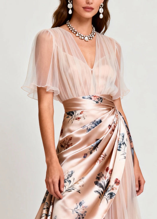 Slim Fit Light Pink V Neck Print Tulle Patchwork Dresses Summer