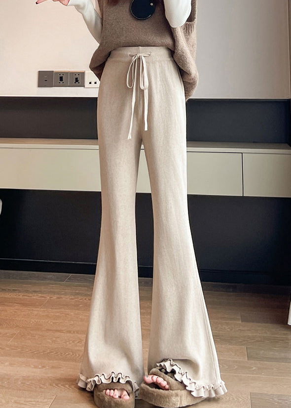 Slim Fit Oatmeal Ruffled Drawstring Knit Flare Bottoms Fall