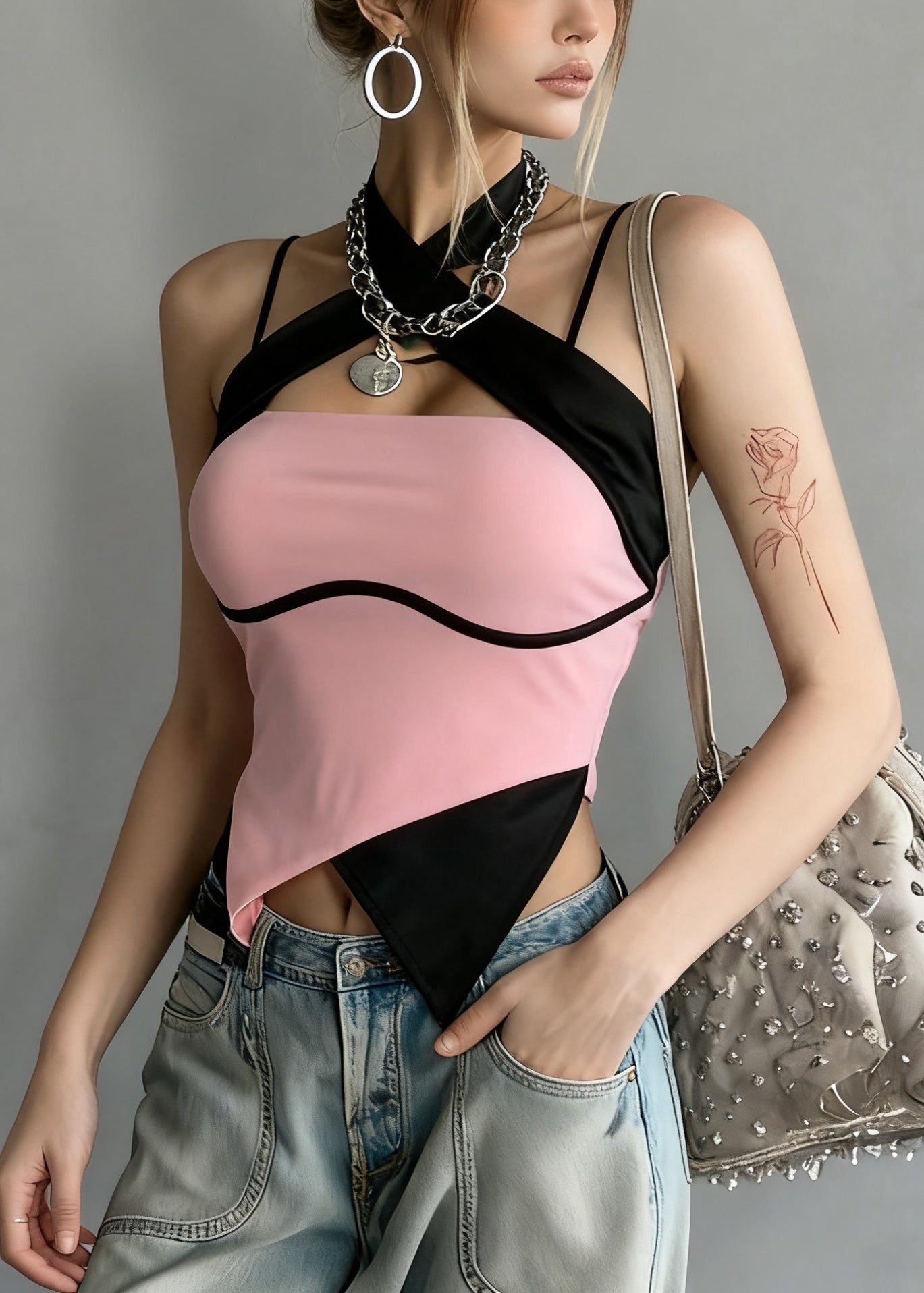 Slim Fit Pink Backless Cross Patchwork Cotton Tank Sleeveless