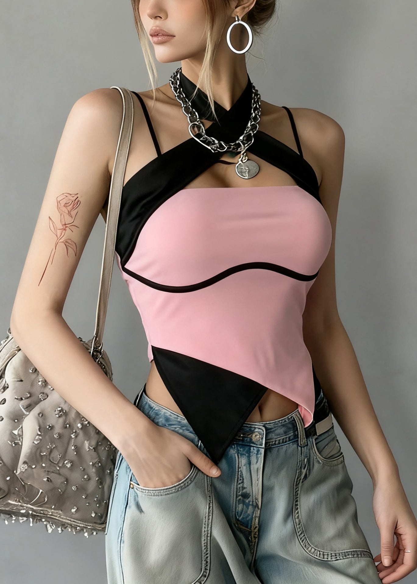 Slim Fit Pink Backless Cross Patchwork Cotton Tank Sleeveless