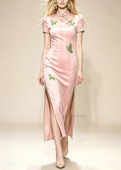 Slim Fit Pink Mandarin Collar Side Open Maxi Dresses Short Sleeve