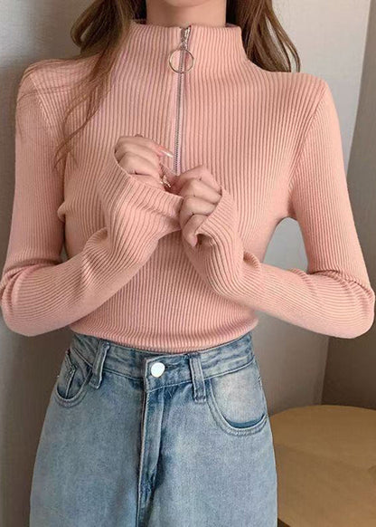 Slim Fit Pink Mock Nece Zip Up Knit Sweater Tops Fall