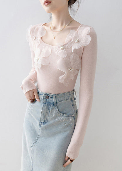 Slim Fit Pink O Neck Floral Nail Bead Knit Top Spring