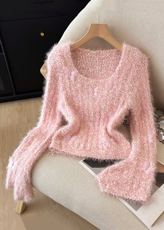 Slim Fit Pink Original Design Cozy Knit Sweater Flare Sleeve