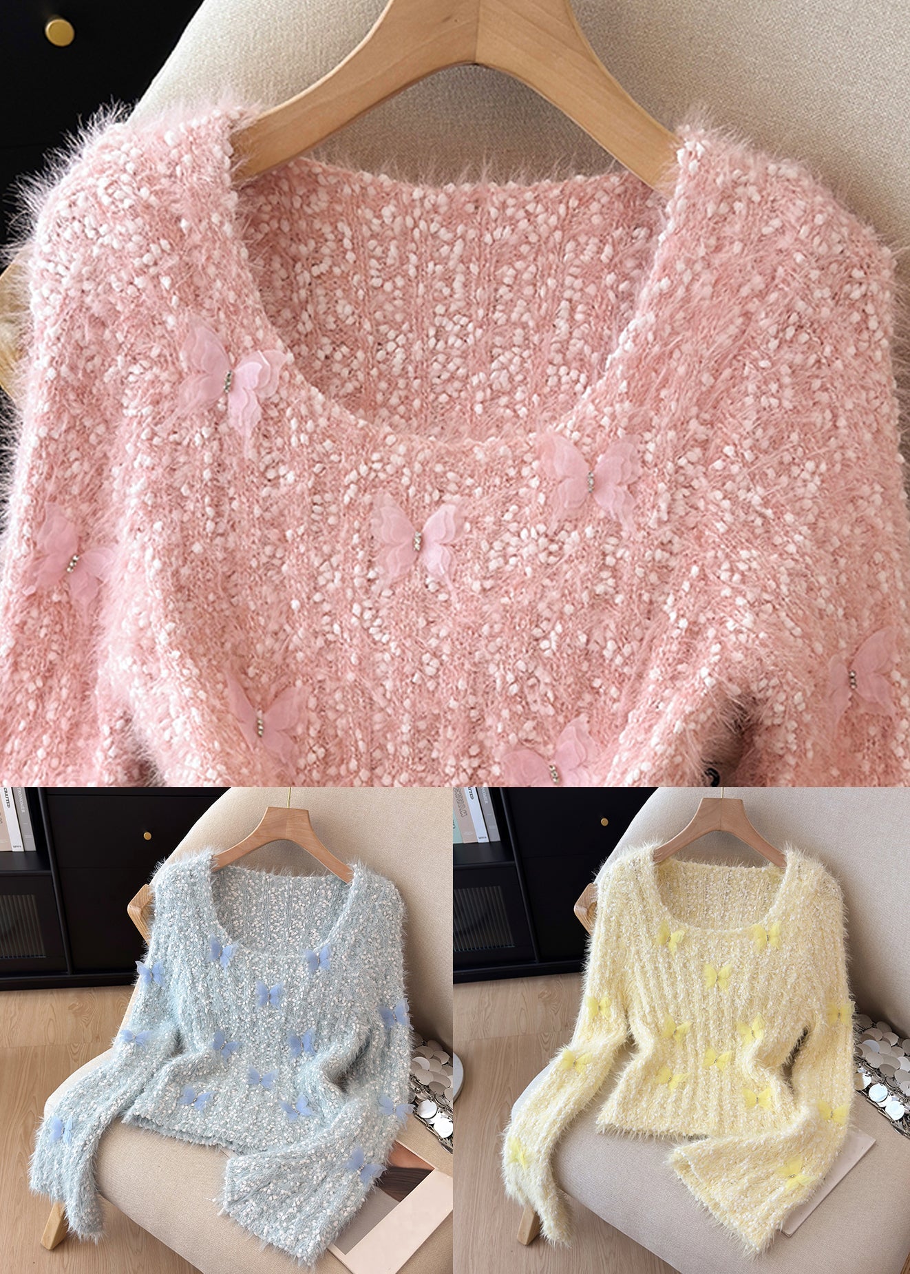 Schmal geschnittener, kuscheliger, rosa Strickpullover im Originaldesign mit ausgestellten Ärmeln