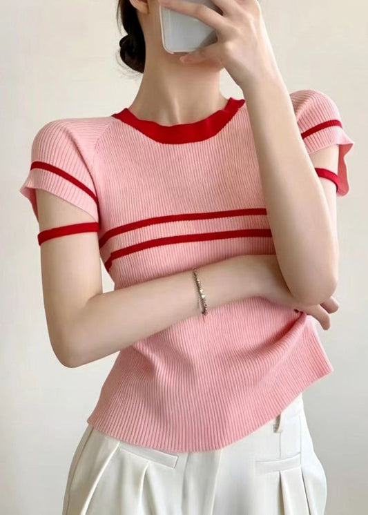 Slim Fit Pink Red Striped O-Neck Knit Shirt Tops Short Sleeve