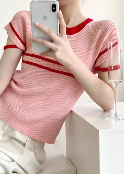 Slim Fit Pink Red Striped O-Neck Knit Shirt Tops Short Sleeve