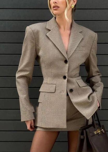 Slim Fit Plaid Button Coats And Skirts Two Piece Set Flare Sleeve