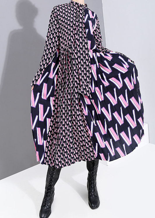 Slim Fit Lila Stehkragen Patchwork Maxi Kleid Frühling