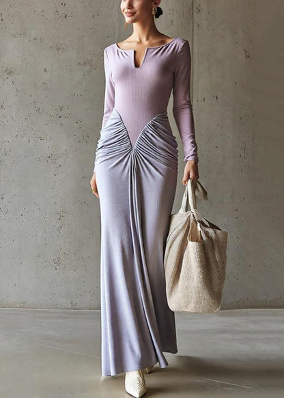 Slim Fit Purple Wrinkled Patchwork Cotton Maxi Dresses Spring