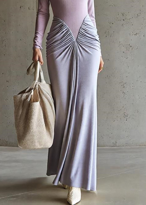 Slim Fit Purple Wrinkled Patchwork Cotton Maxi Dresses Spring