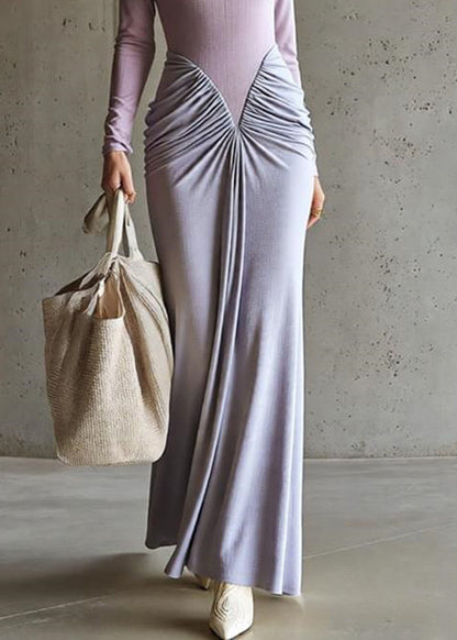 Slim Fit Purple Wrinkled Patchwork Cotton Maxi Dresses Spring
