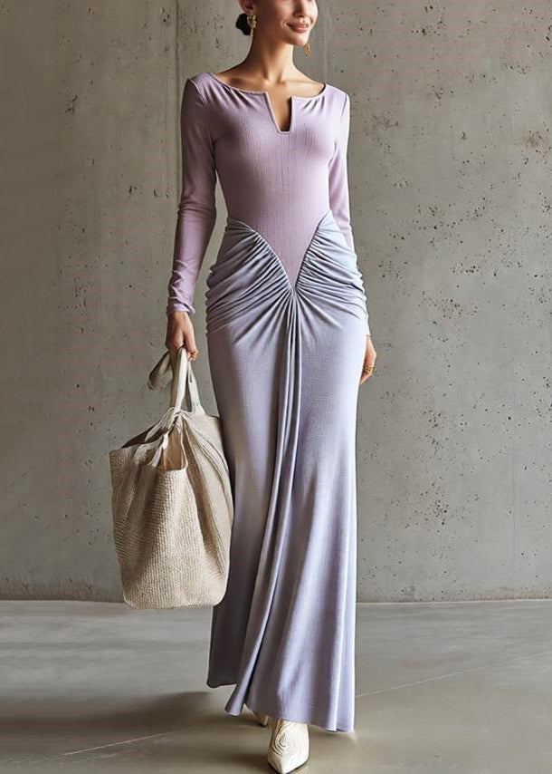 Slim Fit Purple Wrinkled Patchwork Cotton Maxi Dresses Spring