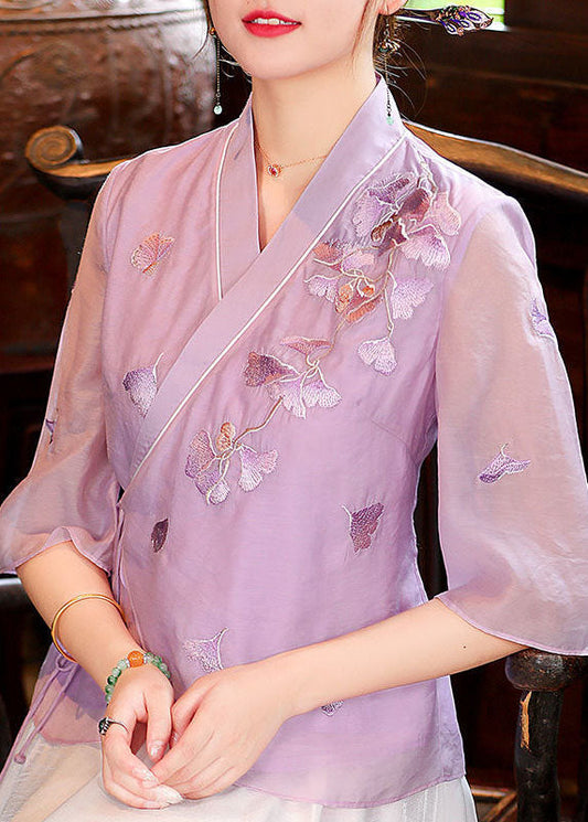 Slim Fit Lila Krawatte Taille V-Ausschnitt Seidentops Frühling