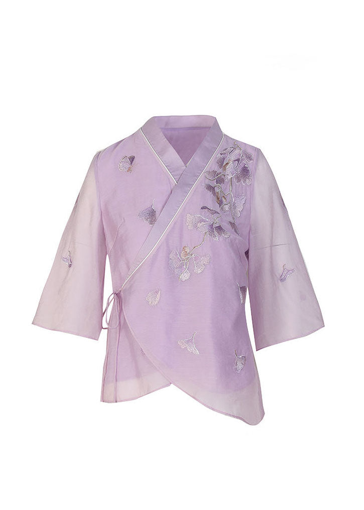 Slim Fit Lila Krawatte Taille V-Ausschnitt Seidentops Frühling