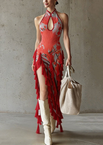 Slim Fit Red Asymmetrical Print Side Open Long Dress Sleeveless