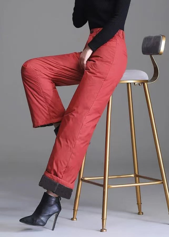 Pantalones rectos ajustados con bolsillos rojos, rellenos de algodón fino liso, para invierno