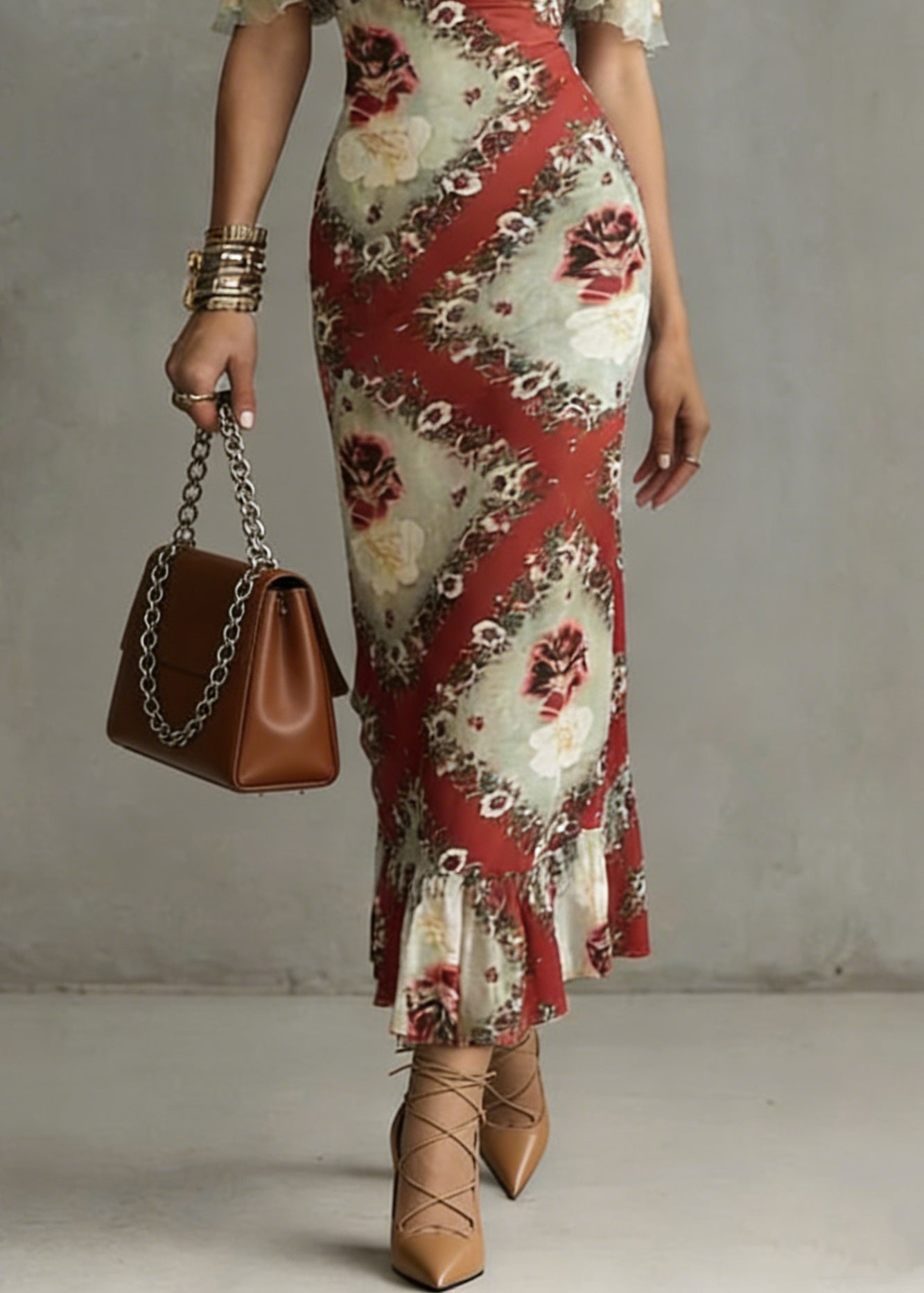 Slim Fit Red Slash Neck Print Ruffled Long Dresses Summer