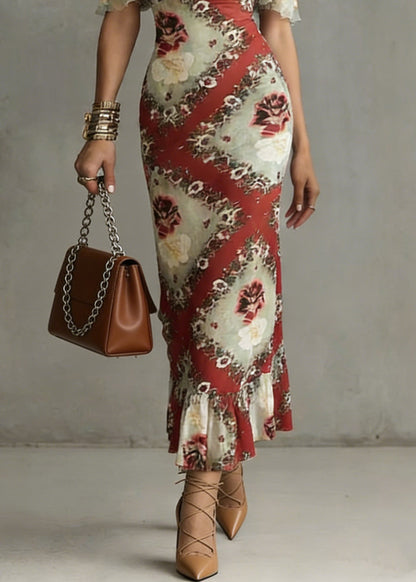 Slim Fit Red Slash Neck Print Ruffled Long Dresses Summer