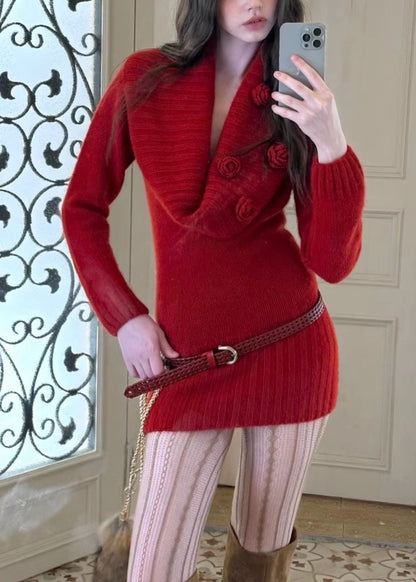 Schmal geschnittenes, rotes, einfarbiges Baumwollstrickkleid mit Blumenmuster und Gürtel, mittellang, Frühling