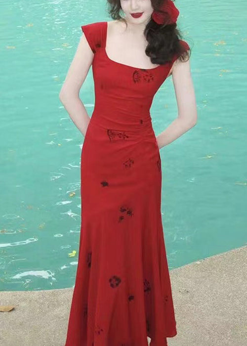 Slim Fit Rotes, quadratisches Kragen-Print-Baumwoll-Langes Kleid Sommer