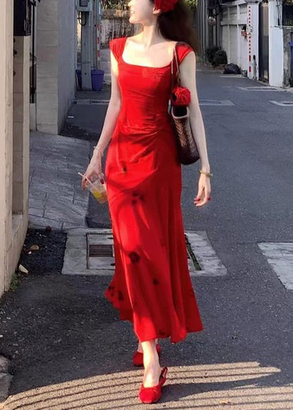 Slim Fit Rotes, quadratisches Kragen-Print-Baumwoll-Langes Kleid Sommer