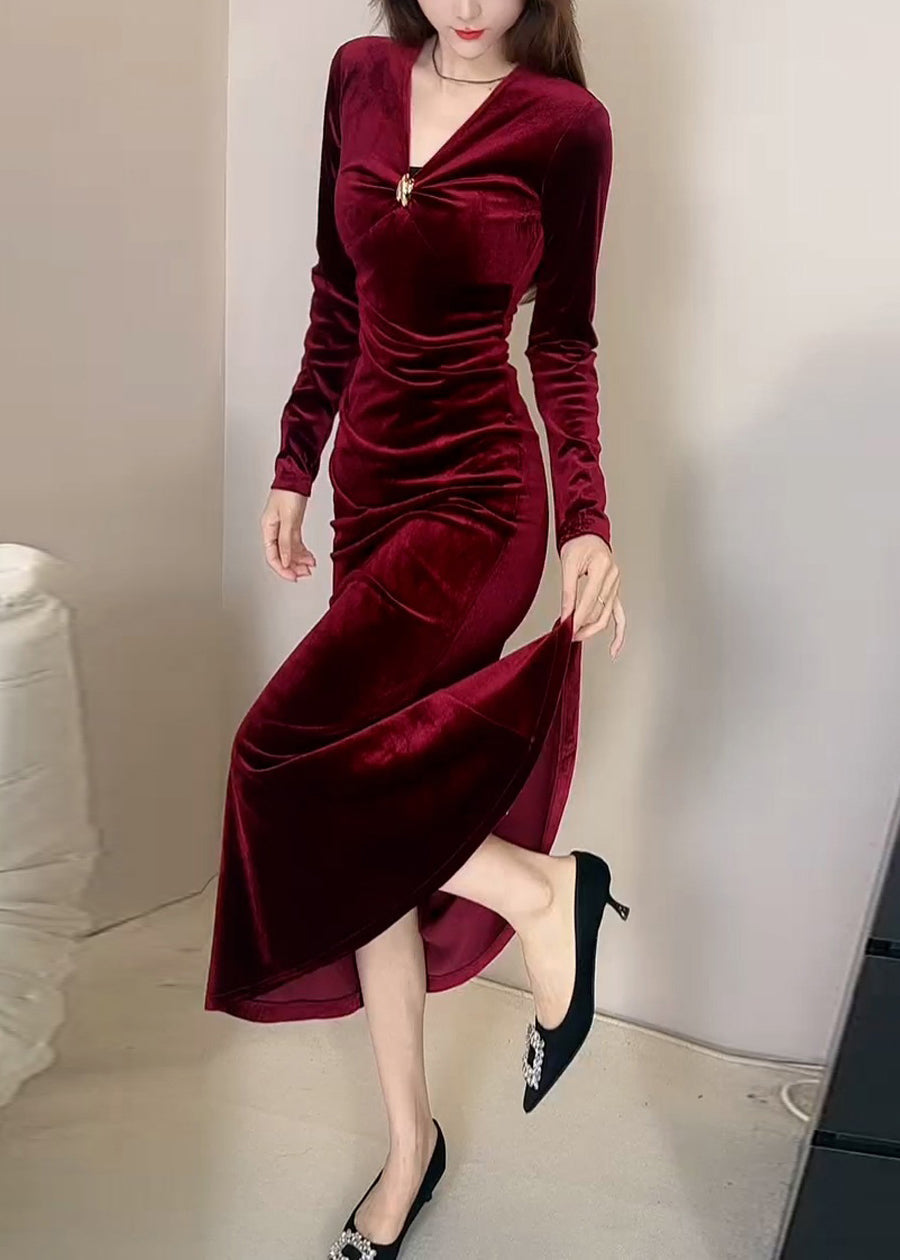 Vestido largo de terciopelo de seda con cintura alta y escote en V rojo ajustado para invierno