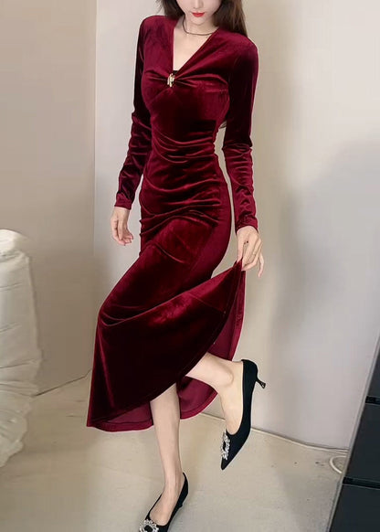 Vestido largo de terciopelo de seda con cintura alta y escote en V rojo ajustado para invierno