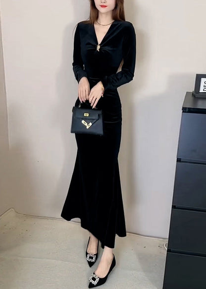 Vestido largo de terciopelo de seda con cintura alta y escote en V rojo ajustado para invierno