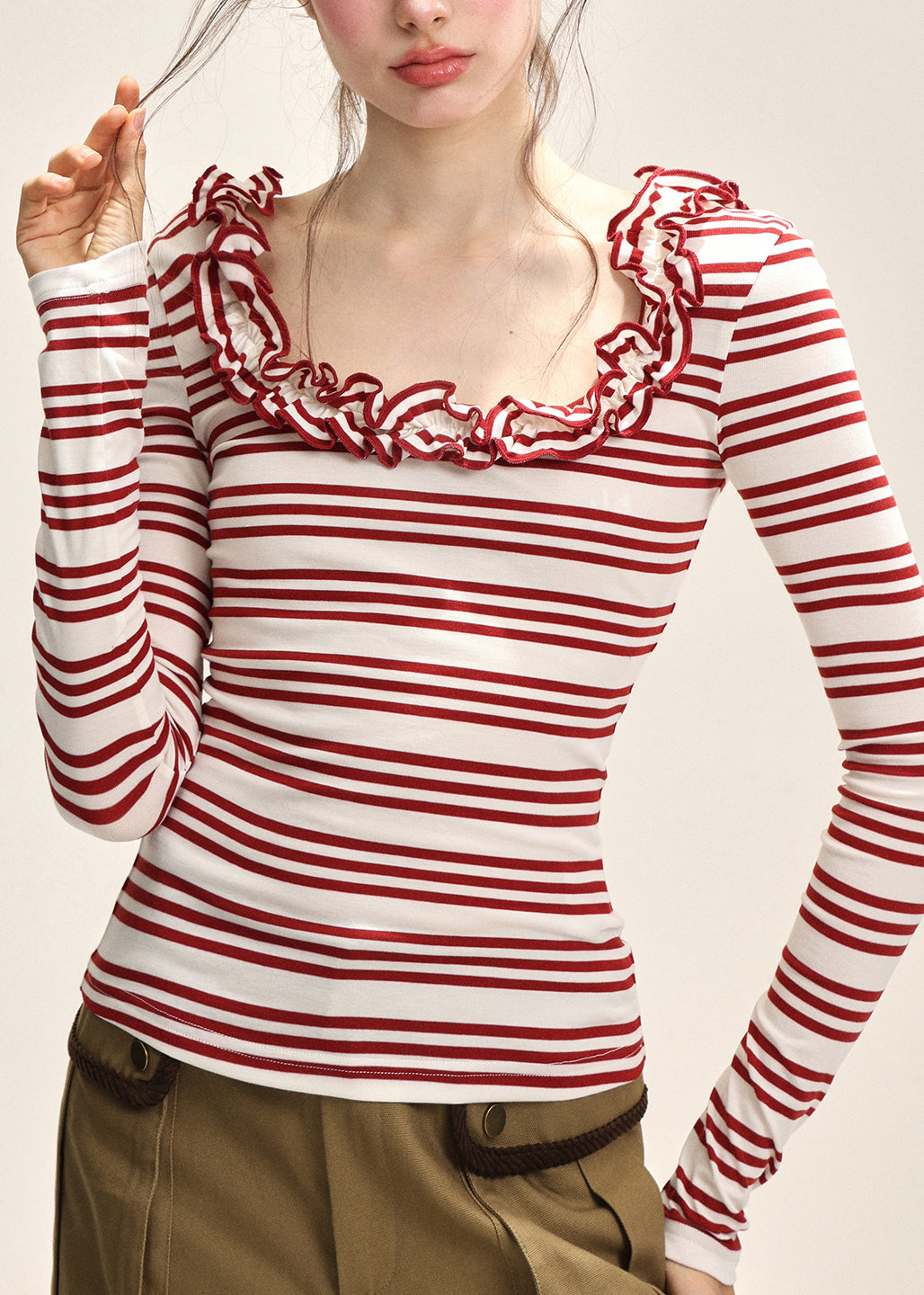 Slim Fit Red White Striped U Neck Top Fall