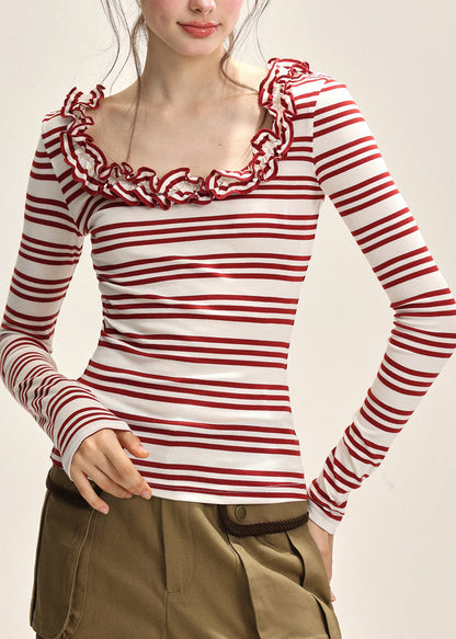 Slim Fit Red White Striped U Neck Top Fall