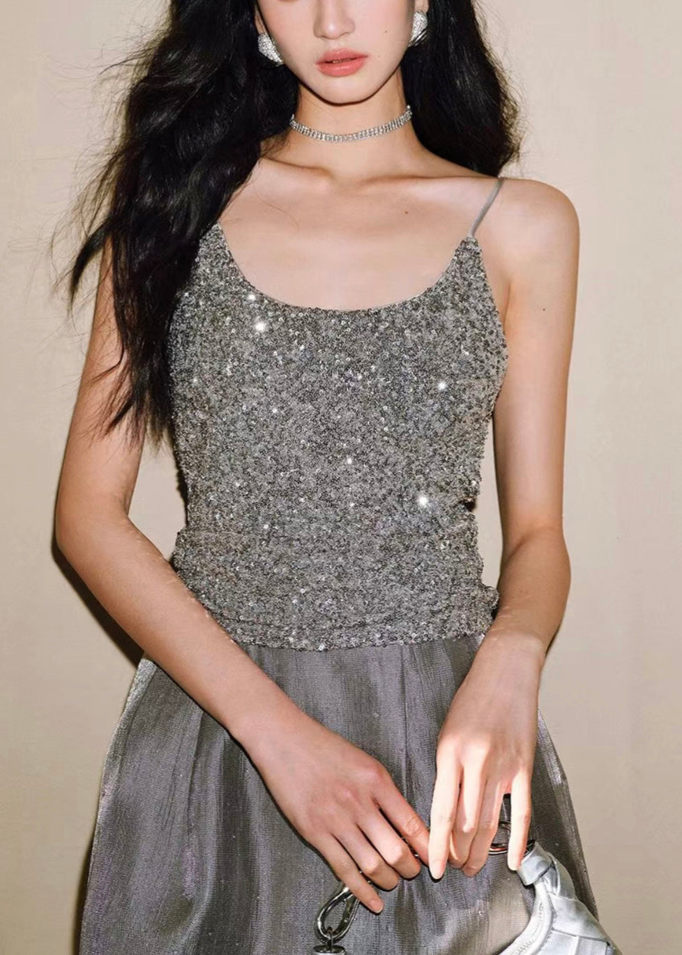 Slim Fit Silver Backless Sequins Spaghetti Strap Vest Sleeveless