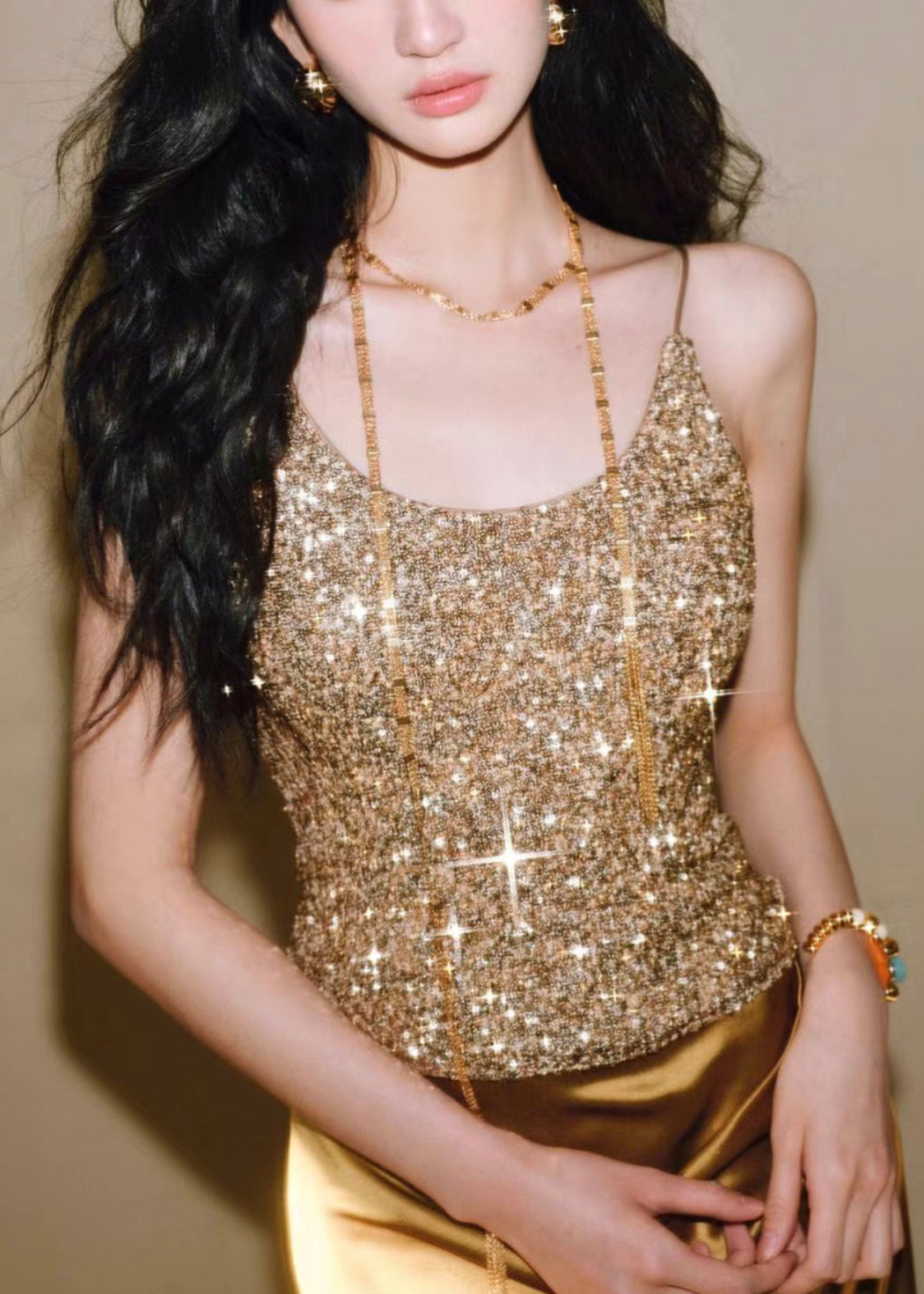 Slim Fit Silver Backless Sequins Spaghetti Strap Vest Sleeveless