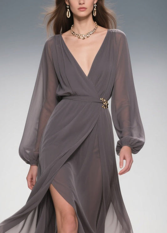 Slim Fit Smoky Gray V Neck Side Open Chiffon Long Dress Spring