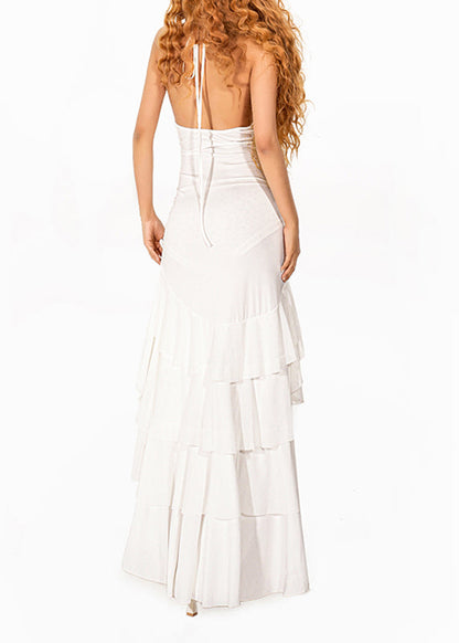 Slim Fit White Asymmetrical Ruffled Backless Tulle Maxi Dress Sleeveless