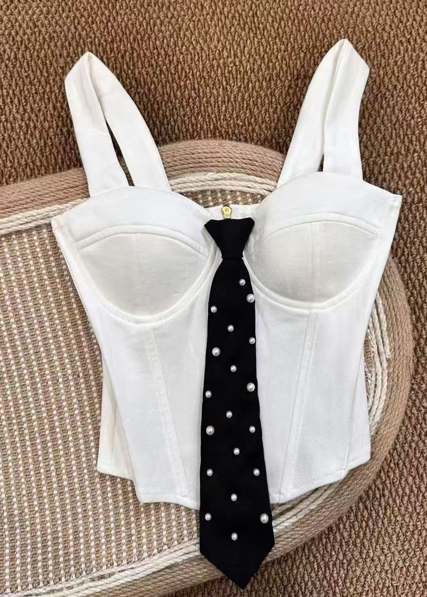 Slim Fit White Bustier Pearl Necktie Cotton Tops Summer