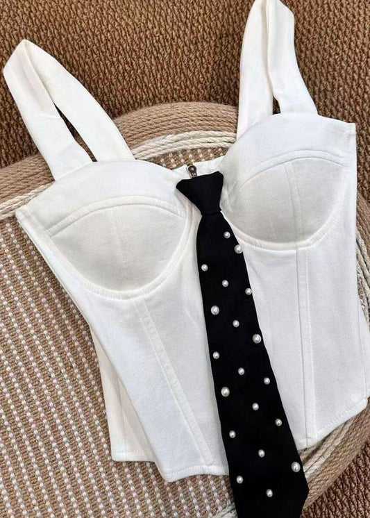 Slim Fit White Bustier Pearl Necktie Cotton Tops Summer