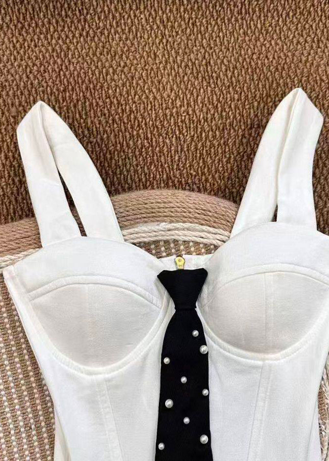 Slim Fit White Bustier Pearl Necktie Cotton Tops Summer
