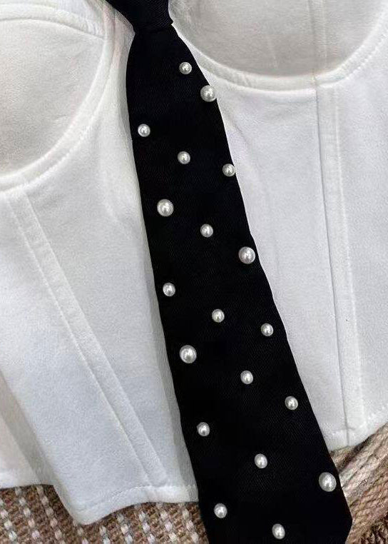 Slim Fit White Bustier Pearl Necktie Cotton Tops Summer
