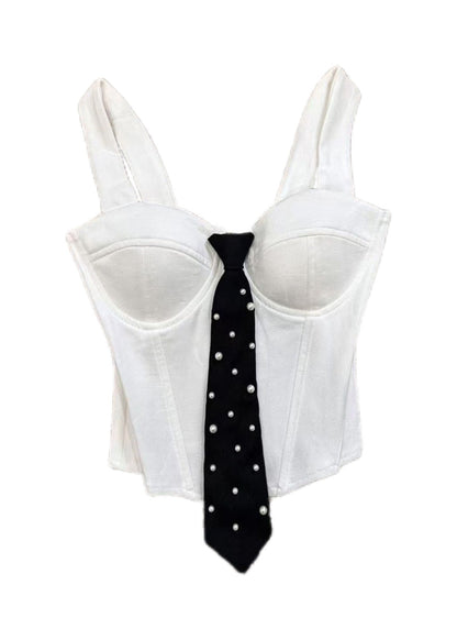 Slim Fit White Bustier Pearl Necktie Cotton Tops Summer