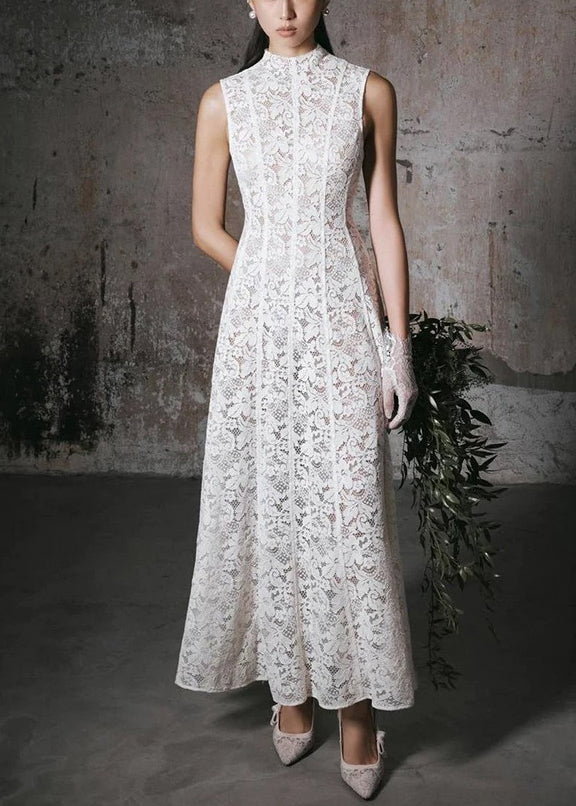 Slim Fit White High Waist Solid Lace Long Dress Sleeveless