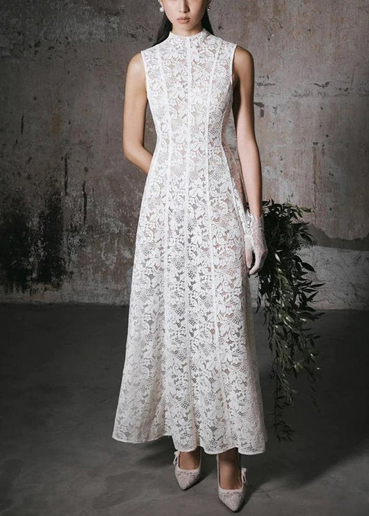 Slim Fit White High Waist Solid Lace Long Dress Sleeveless